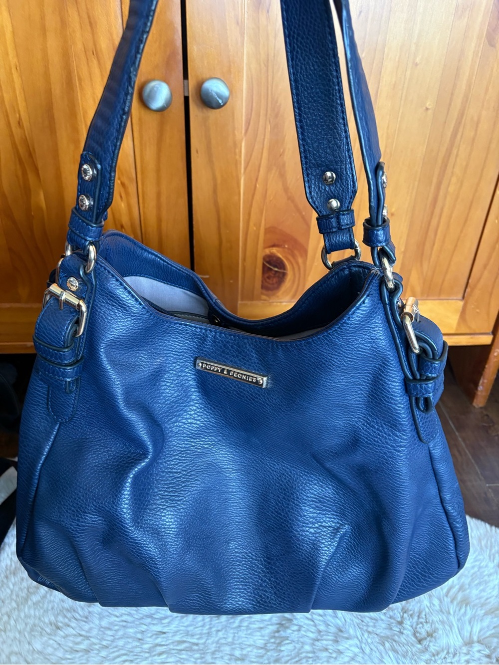 Poppy & Peonies Deep Blue Pebbled Leather Shoulder Bag